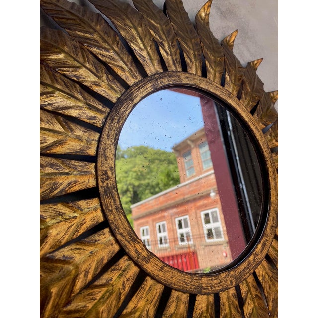 Round Spanish Gilt Metal Sunburst Mirror With Large Radiating Leaves For Sale - Image 9 of 12