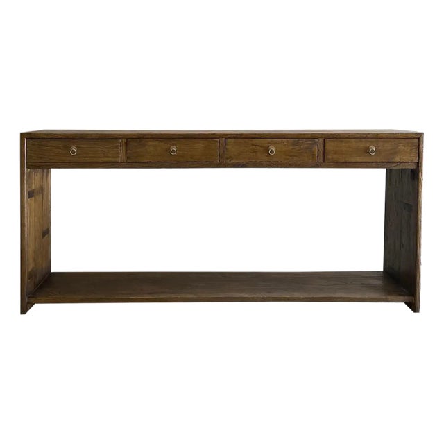 Custom Elm Wood Modern Console Table With Drawers in Dark Walnut-80" For Sale
