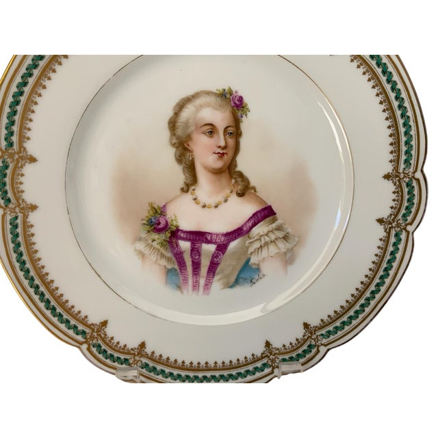 19th C Sèvres Marked Plate Madame Du Barry Signed Debrie Green-Gold Ribbon Made in France c.1890-1910 For Sale In Palm Springs - Image 6 of 10