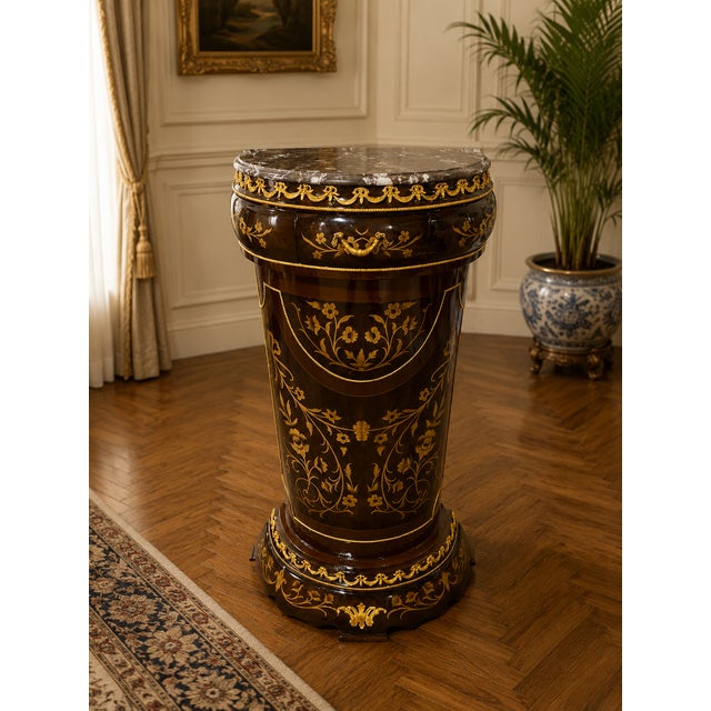Elevate your interior with this elegant French Louis XV–style pedestal stand, featuring a rich dark wood finish...