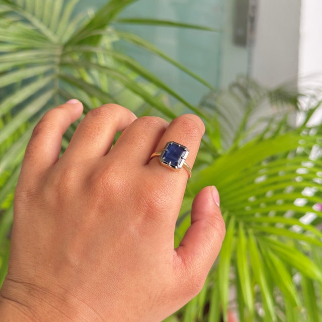 18k Yellow Gold Blue Sapphire & Black Rhodium Art Deco Ring Size 5.5 For Sale - Image 10 of 16