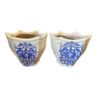 Pair of Antique Crackle Glaze Blue & White French Planters For Sale