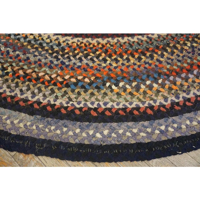 1930s Multicolor Geometric Folk Art Antique American Braided Rug 9'10'' X 9'10'' Oval Carpet For Sale - Image 10 of 12