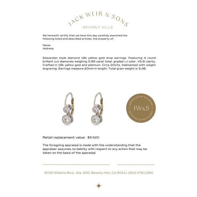 1910s 1910s Pair of Edwardian Style Diamond 18k Yellow Gold Drop Earrings For Sale - Image 5 of 5