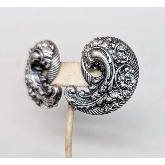 Silver Vintage Signed Napier Silvertone Baroque Style Repoussé Swirl Clip Earrings-2 Pieces For Sale - Image 8 of 8