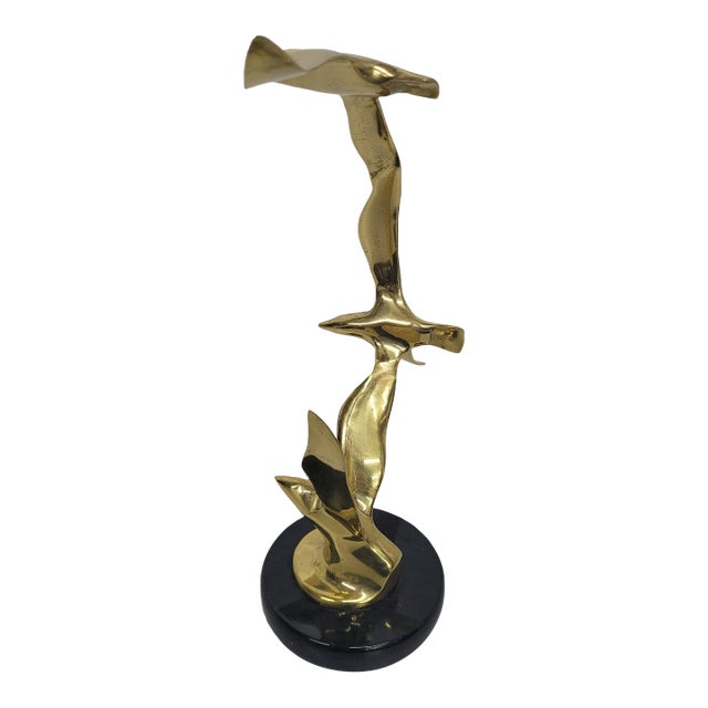 Mid Century Modern Seagull Brass and Black Marble Sculpture For Sale
