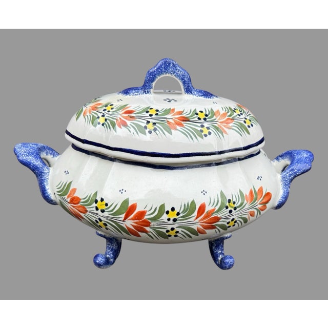 Vintage Quimper French Faience Floral Decorated Covered Tureen Serving Dish For Sale - Image 11 of 12