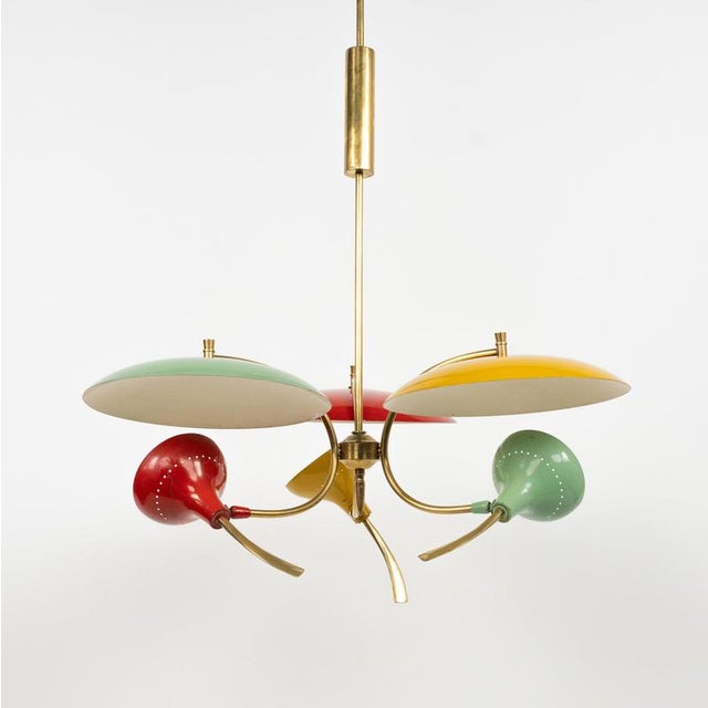 Mid-Century Chandelier in Enamel Metal and Brass in the style of Stilnovo, Italy, 1950s For Sale - Image 12 of 17