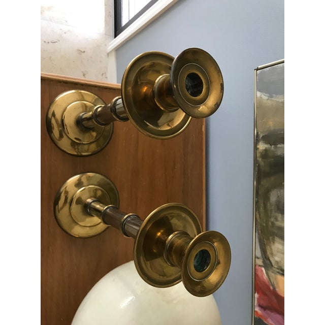 Hollywood Regency Maitland Smith Brass and Chrome Bamboo Style Tall Candlesticks-A Pair For Sale - Image 3 of 7