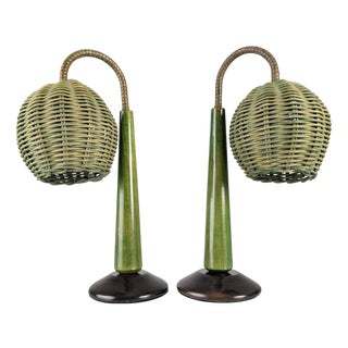 Vintage Torres Green Rattan Lamps by Mario Lopez, 1990s, Set of 2 For Sale