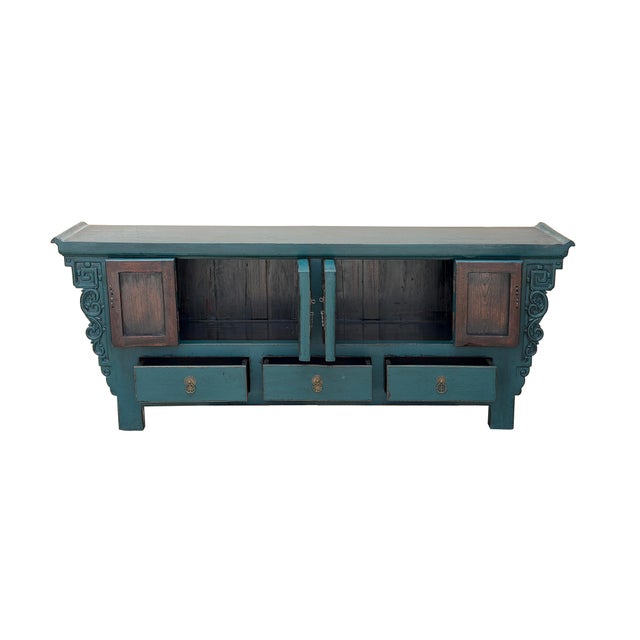 Asian Style Distressed Rustic Teal Blue Low Tv Console Table Cabinet For Sale - Image 9 of 16