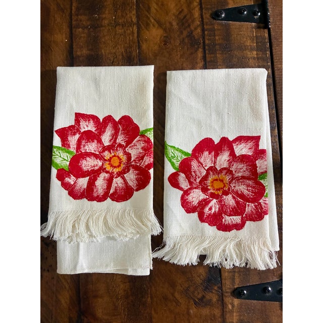 Traditional Vintage Mid Century Hand Painted Linen Tea Towels (Or Hand Kitchens Towels) Red Floral design.fringe Ivory Set of 2 /13” X 17” For Sale - Image 3 of 7