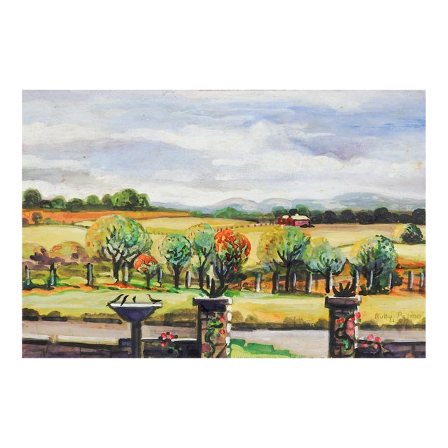 Mid 20th Century Orchard Landscape Watercolor Painting For Sale