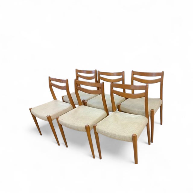 1960s Scandinavian Model 75 Chairs in Teak and Mottled Fabric by Niels Otto (N. O.) Møller for Andersen Møbelfabrik, 1960, Set of 6 For Sale - Image 5 of 5