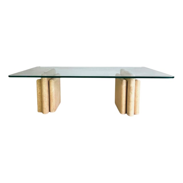 Original Midcentury Travertine Coffee Table Italy Glass Design by Unknown for Unknown For Sale