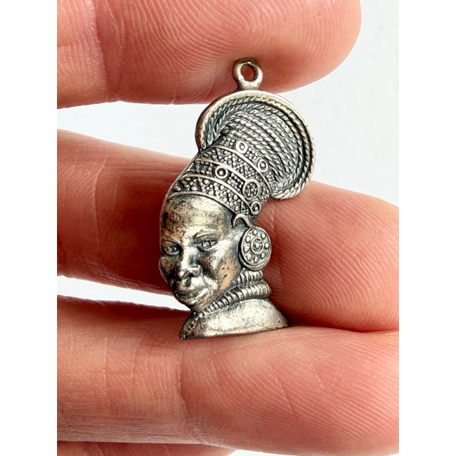 1960s Vintage Sterling Silver African Lady in Traditional Headdress Bracelet Charm Pendant For Sale - Image 5 of 6