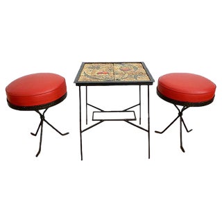 Hungarian Ceramic Side Table & Red Stools, 1969, Set of 3 For Sale