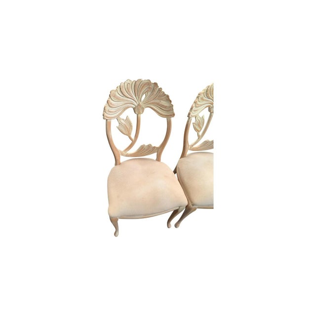 Art Nouveau Late 20th Century Lime Wash 6 Italian Art Nouveau Carved Lotus Back Dining Chairs Morris Style by Benetti's Italia For Sale - Image 3 of 9