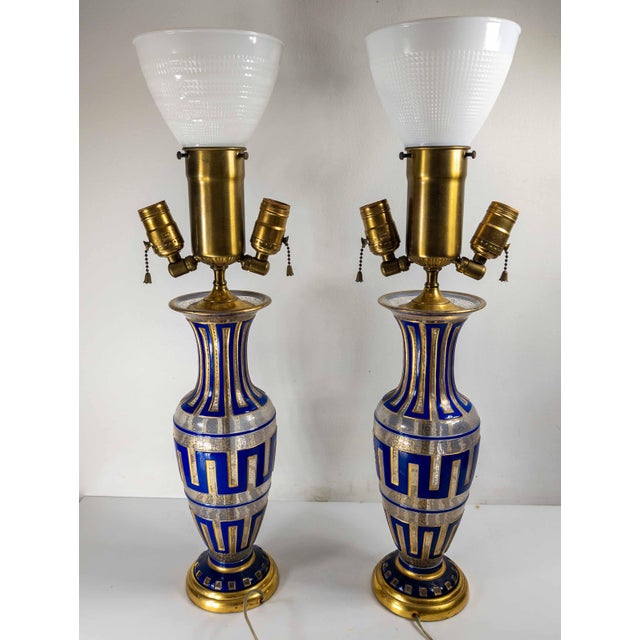 19th Century Pair of Bohemian Cameo Glass Table Lamp Vases With Greek Key Design in Blue For Sale - Image 11 of 16