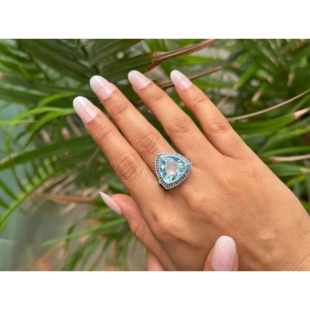 Metal Bohemian Topaz & Sapphire Trillion Cut Cocktail Ring Size 7 For Sale - Image 7 of 11
