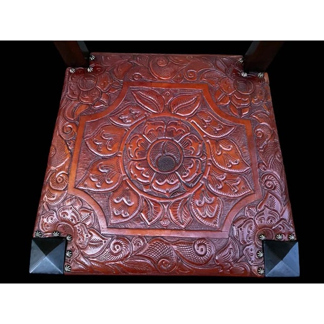 Brown On Hold - Vintage 1966 Spanish Hand Carved Walnut and Tooled Leather Chair For Sale - Image 8 of 13