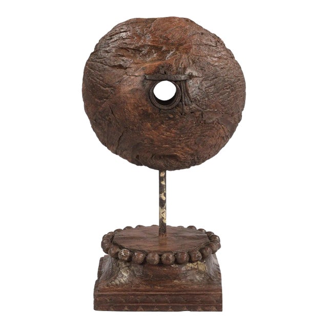 Rustic 1800s Antique Pulley Repurposed Display on Vintage Column Base For Sale