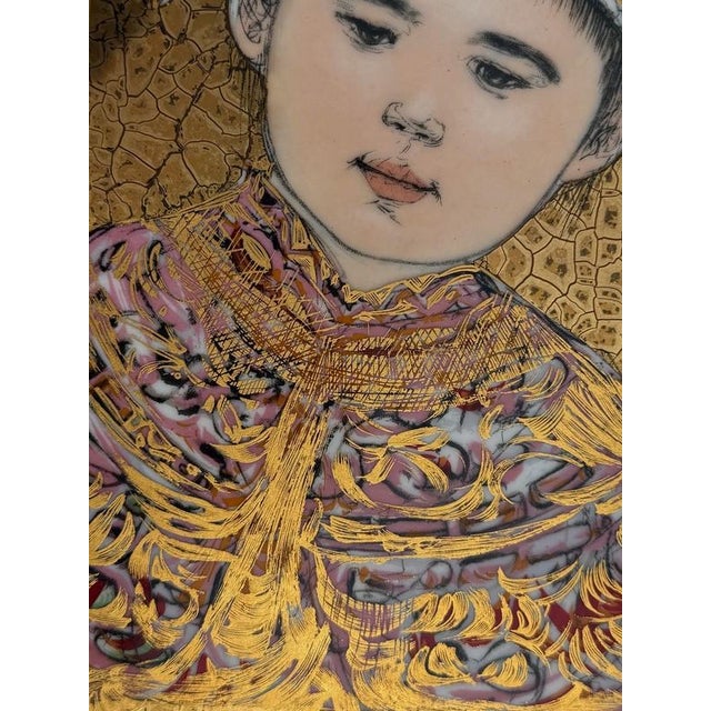 Edna Hibel "Young Manchu" Signed Mixed Media Artwork. Paint Embellished Lithograph on Porcelain Plaque. Custom Frame For Sale - Image 9 of 13