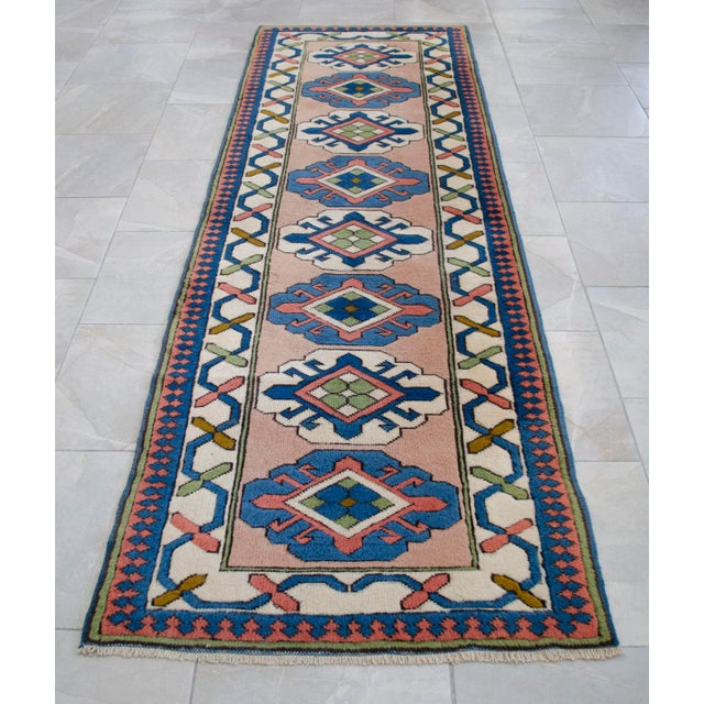 Hand-Knotted Turkish Wool Rug . Oushak Runner Rug Pink Hallway Decor2′9″ × 9′1″ For Sale - Image 16 of 16