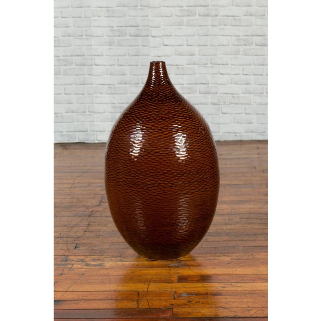 Asian Thai Chiang Mai Brown Textured Teardrop Shaped Vase from the Prem Collection For Sale - Image 3 of 13