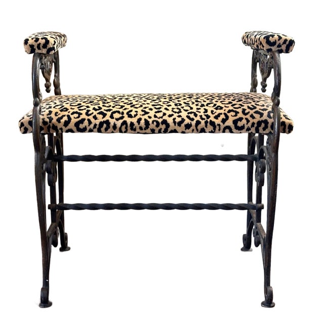 Tan 1930's Wrought Iron Spanish Baroque Leopard Upholstered Bench For Sale - Image 8 of 9
