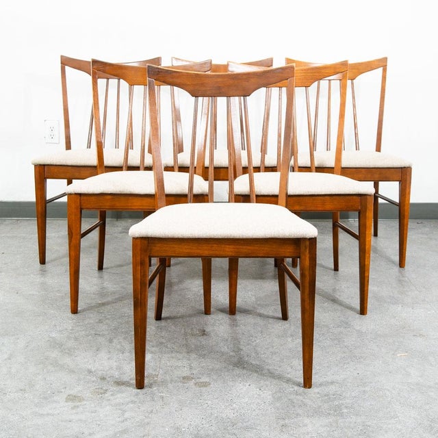 Brown Mid Century Modern Dining Chairs Set 6 Solid Stained Oak Keller Furniture Tan For Sale - Image 8 of 12