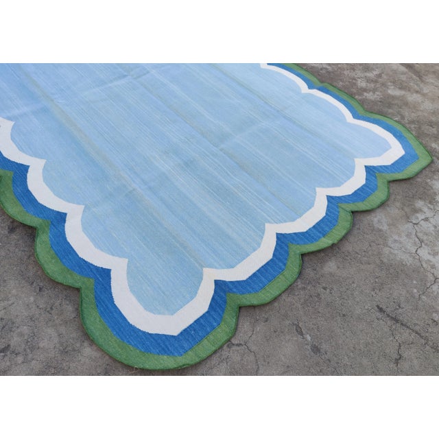 Not Yet Made - Made To Order Handmade Cotton Vegetable Dyed Scalloped Edge Rug Sky Blue With Cream Blue and Forest Green Border - 12x15 For Sale - Image 6 of 11