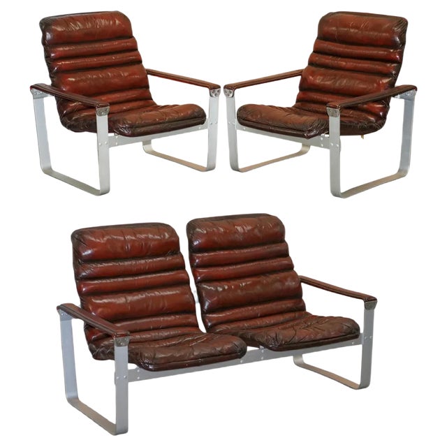 Brown Leather and Chrome Sofa Suite by Aarnio Pulkka Ilmari Lapland, 1960s, Set of 3 For Sale