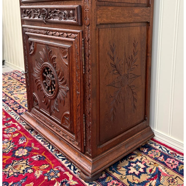 Wood Antique French Breton Armoire Wardrobe Linen Cabinet Double Doors Drawer C. 1900 For Sale - Image 7 of 18