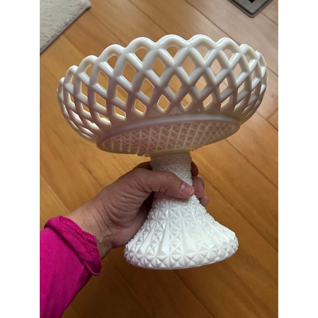 English Antique Challinor, Taylor & Co. White Milk Glass Pedestal Compote With Enamel Floral Interior For Sale - Image 3 of 4