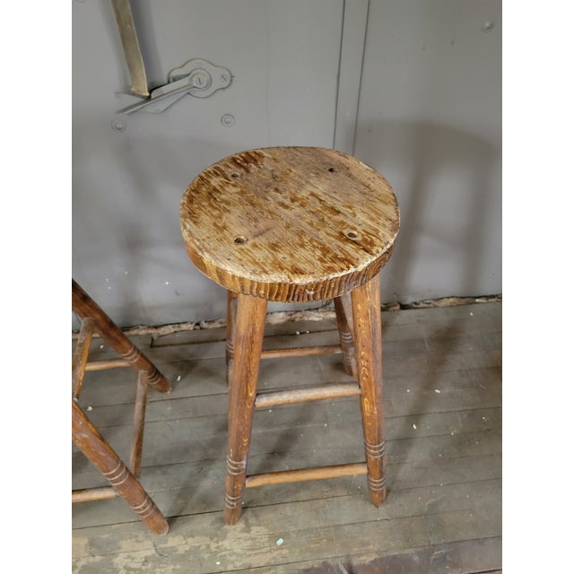 1900 - 1909 Antique Primitive Wooden Pub Stools For Sale - Image 5 of 11