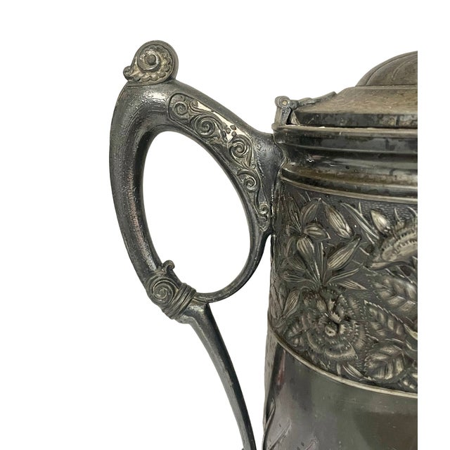 Victorian Antique Meriden Silver-Plated Insulated Pitcher 12" – Quadruple Plate 1868 Ceramic Lined Victorian Carafe With Floral Details For Sale - Image 3 of 10