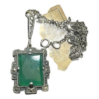 1920s Art Deco Silver Chrysoprase Marcasite Necklace For Sale