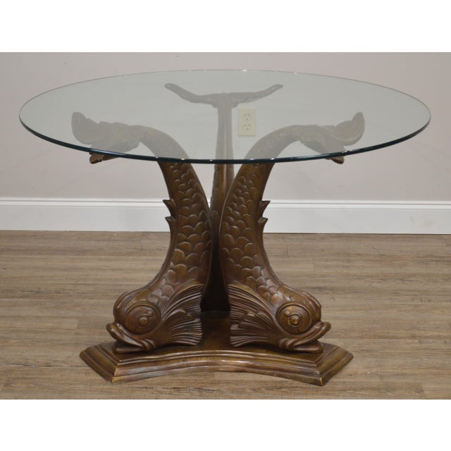 Italian Bronze Tri Dolphin Base Round Glass Top Dining or Center