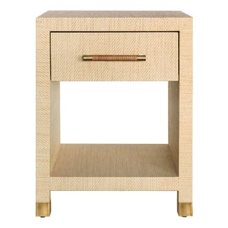 Matthew Izzo Home Pelham Natural Grasscloth One Drawer Side Table With Brass and Rattan Wrapped Handle For Sale