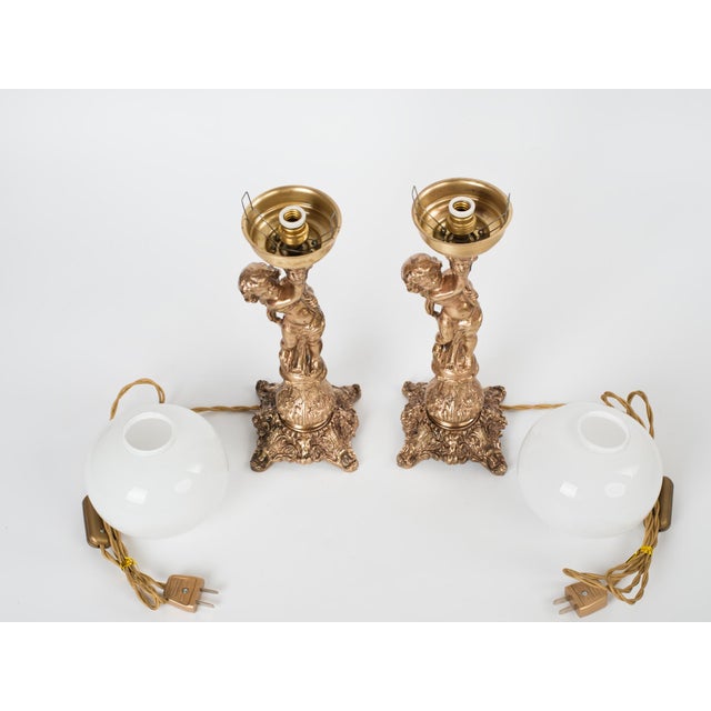 1950s Spanish Neo-Classical Cast Brass Cherubs / Putti Table Lamps With Opal Glass Shades - A Pair For Sale - Image 10 of 12