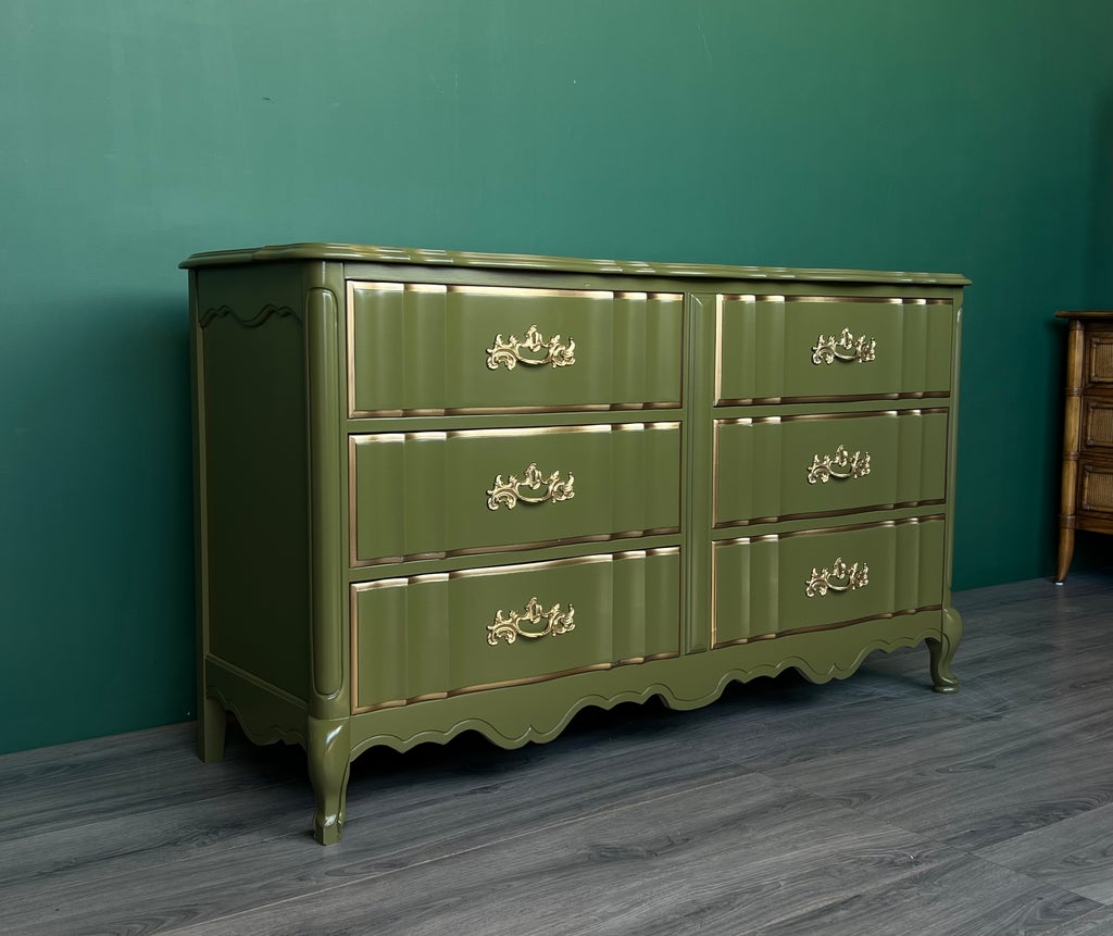 antique green dresser 1970's French Provincial Olive Lacquered of Six Drawers dark sage green dresser