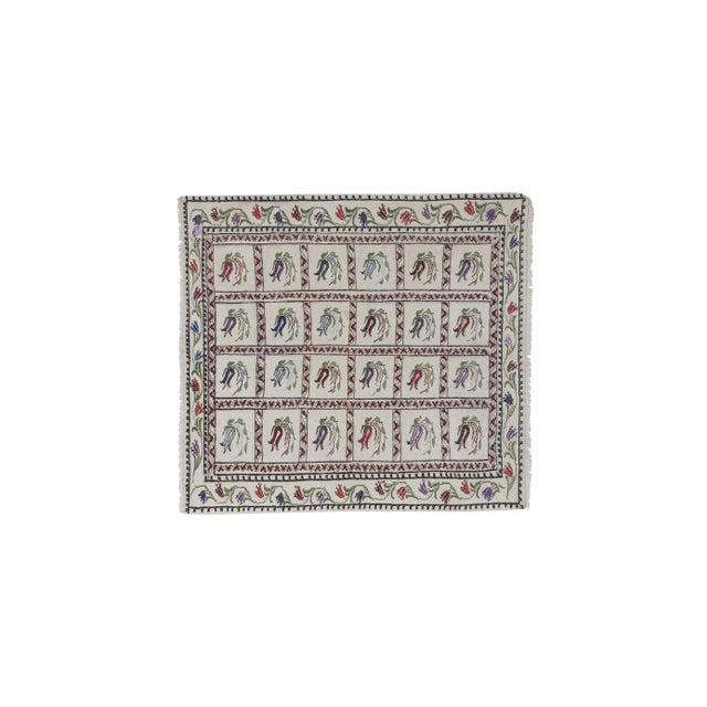 Vintage Aubusson Tulip Motif Kilim Rug 3'10'' X 4'1'' Hand woven with high quality pure wool 45.7" x 48.8" / 116 x 124 Cm...