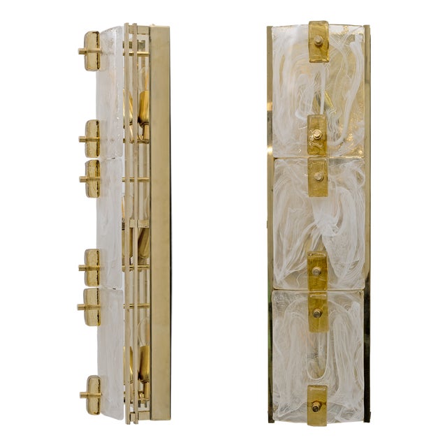 Modern Sconces in Brass and Milk White Murano Glass and Amber Glass, 2000, Set of 2 For Sale