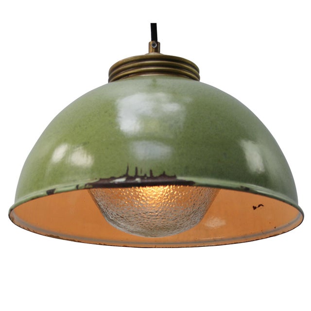 Vintage industrial pendant made of green enamel with brass top. white interior and clear textured glass E27 / E26 Up to...