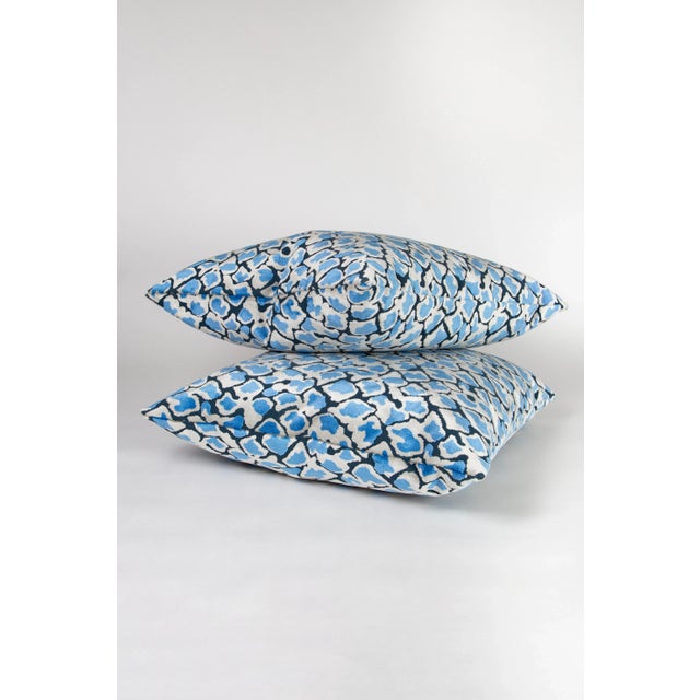 !24" X 24" Pair of Designer Pillows in Blue Velvet With Snakeskin Animal Print Pattern For Sale - Image 4 of 7