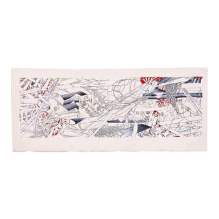 Glen Michaels Signed Modern Red & Gray Watercolor Ink Drawing Paper 8.5h X 20w For Sale