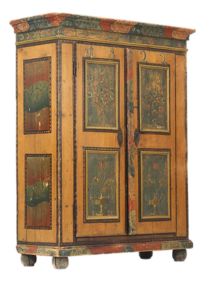 Antique Rustic Farmhouse Folk Art Painted Bridal Cabinet, 1822
