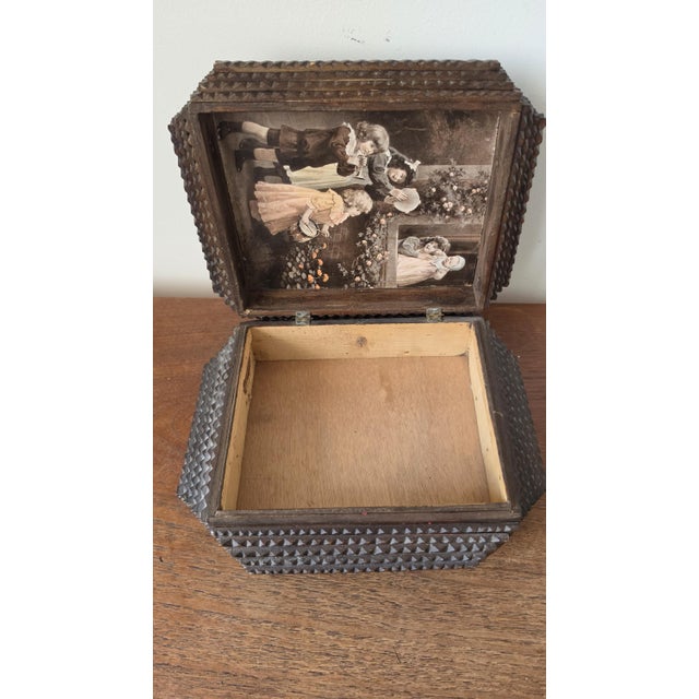 Antique Tramp Art Box, Hand Carved Wooden Keepsake Box, Chip Carved Folk Art Jewelry Box, Primitive Storage Casket, Black Forest Style Decor For Sale - Image 10 of 12
