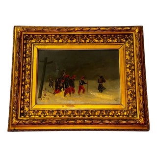 Winter Scene & Soldiers, Oil on Wood, 19th Century, Framed For Sale